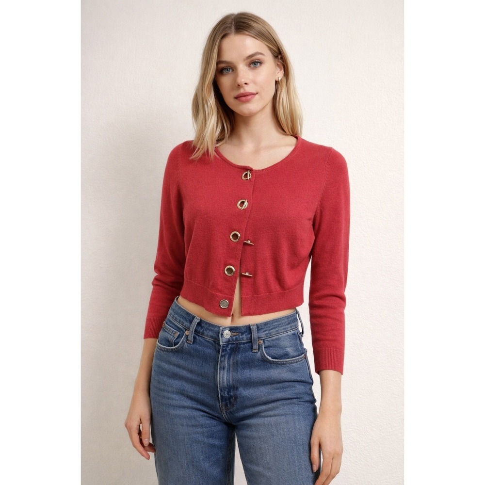 Calvin Klein Cardigan Women L Red‎ Cropped Toggle Button Knit Minimalist Preppy